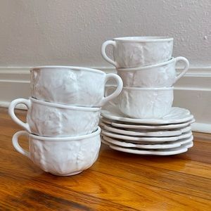 6 White Cabbage Tea Cups with Saucers